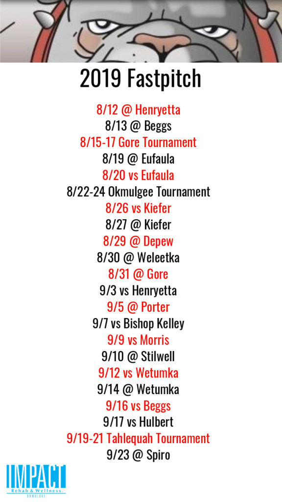 Okmulgee Bulldogs 2019 fastpitch schedule with white background