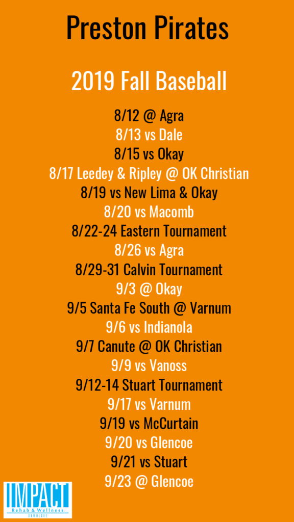 Preston Pirates 2019 fall baseball schedule with orange background