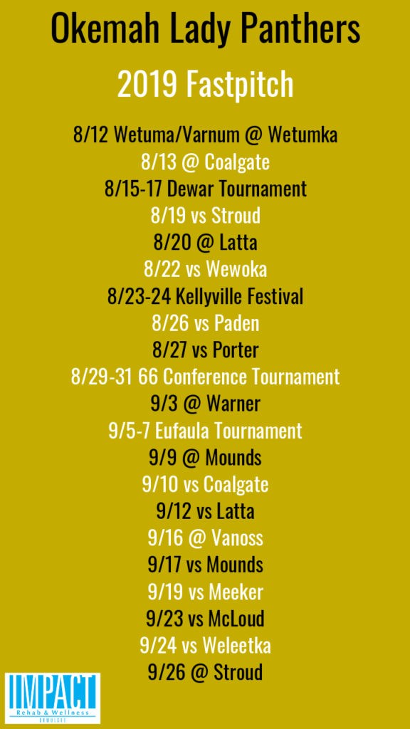 Okemah Lady Panthers 2019 fastpitch schedule with gold background