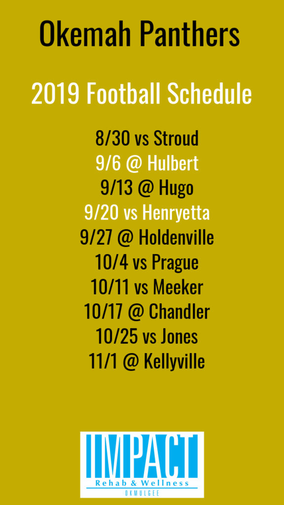 Okemah Panthers 2019 football schedule with gold background