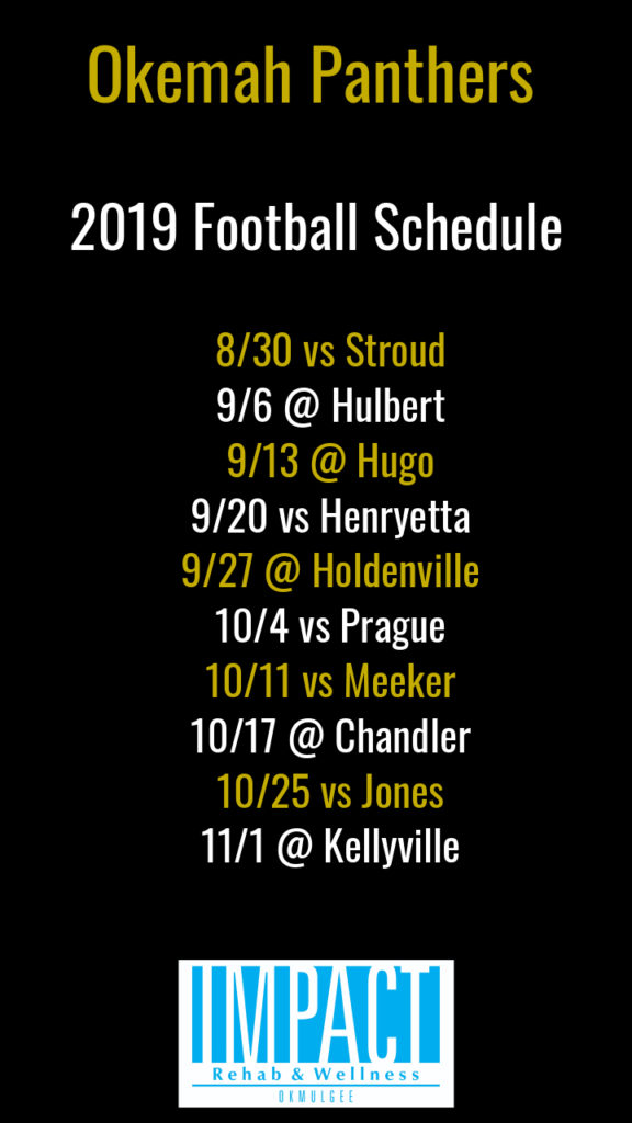 Okemah Panthers 2019 football schedule with black background