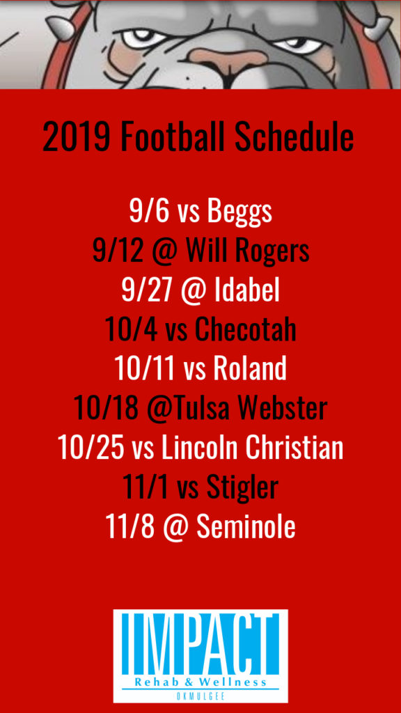 Okmulgee Bulldogs 2019 football schedule with red background