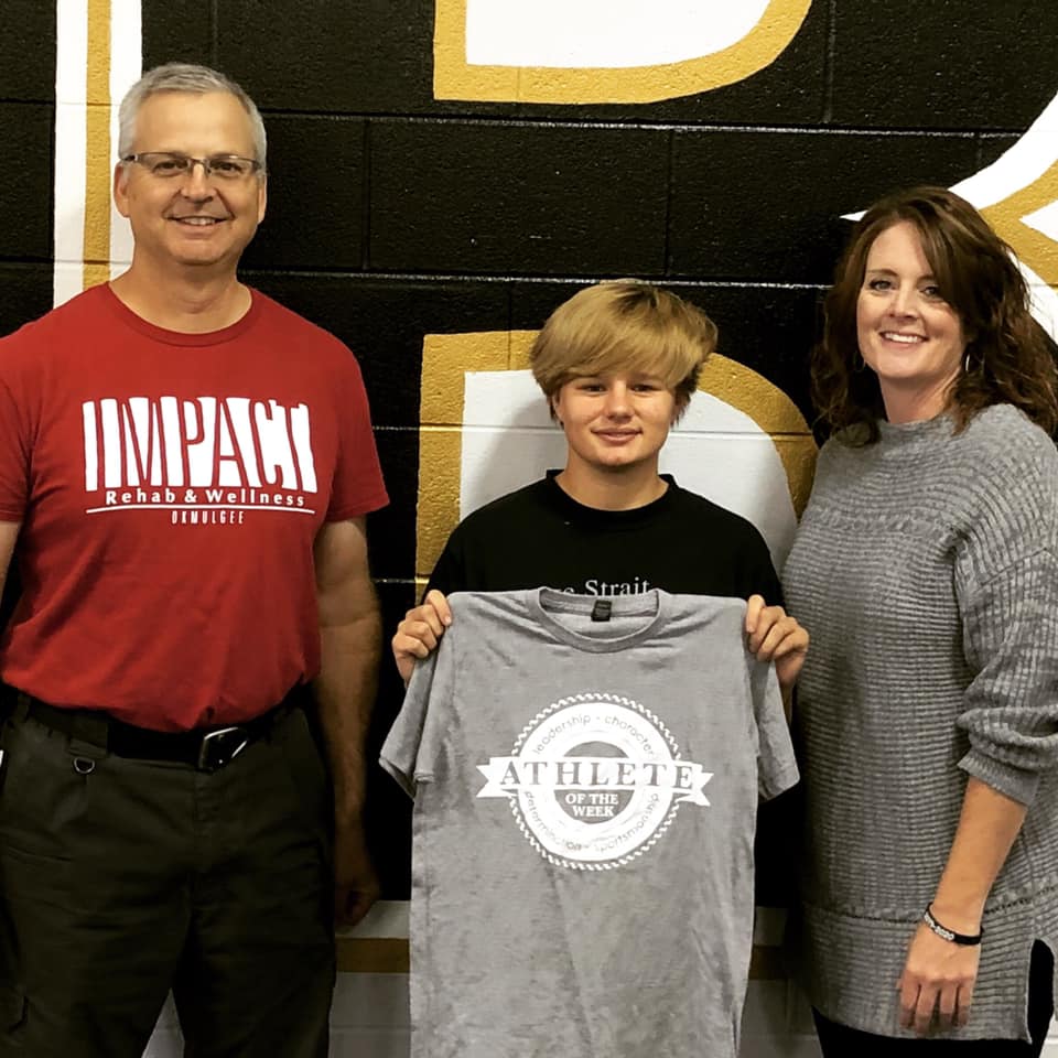 Picture of Impact Athlete of the Week winner, Elizabeth Headley, with Michael Siegenthaler and her high school principal.