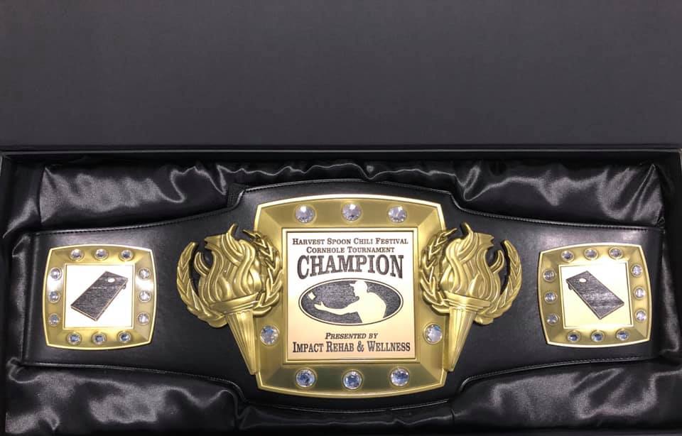 Championship "wrestling" belt for the Cornhole Tournament at the Chili Festival sponsored by Impact Rehab & Wellness.