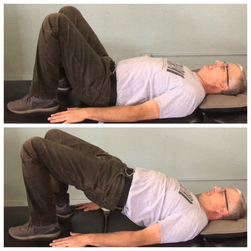 Michael demonstrating the bridge exercise to strengthen hips.