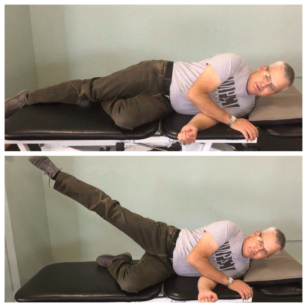 Michael demonstrating the side lying straight leg raise to strengthen hips.