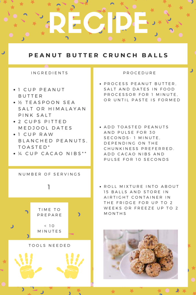 Recipe: Peanut Butter Crunch Balls
Ingredients: 1 cup peanut butter, 1/2 teaspoon sea salt or himalayan pink salt, 2 cups pitted medjool dates, 1 cup raw blanched peanuts toasted, 1/4 cup cacao nibs.
Number of servings: 1
Time to Prepare: < 10 minutes
Tools Needed: Hands
Procedure: Process peanut butter, salt, and dates in food processor for 1 minute or until paste is formed. Add toasted peanuts and pulse for 30-60 seconds, depending on the preferred chunkiness. Add cacao nibs and pulse for 10 seconds. Roll mixture into about 15 balls and store in airtight container in the fridge for up to 2 weeks or freeze up to 2 months.